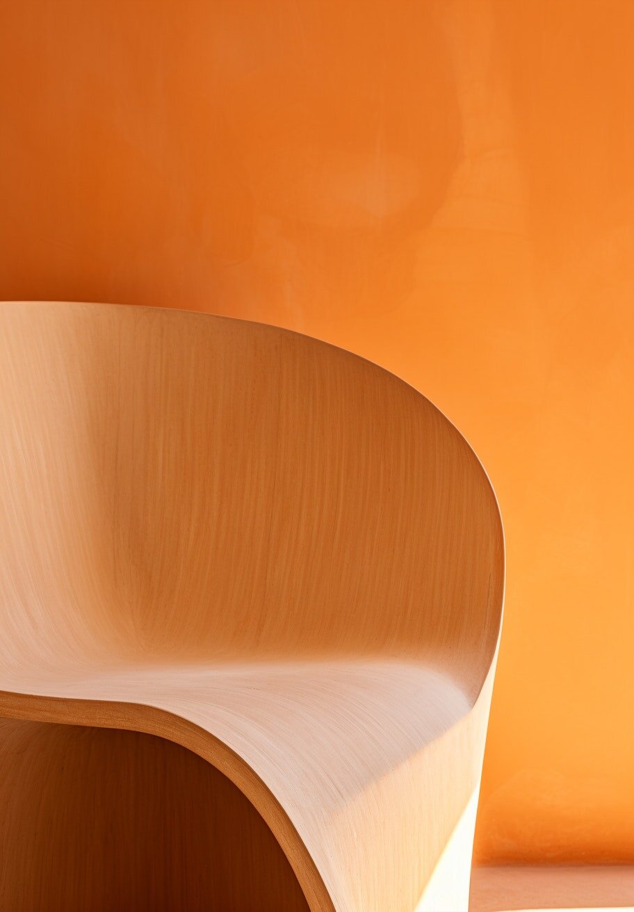 wooden chair with orange wall behind it.