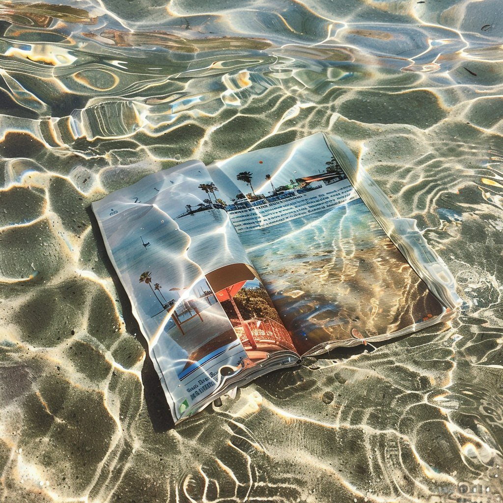 Magazine submerged in beach water.